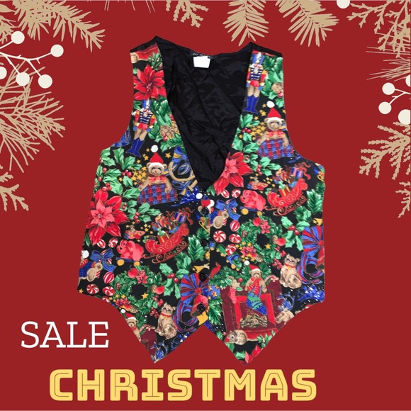 Vintage 111 Main Christmas Vest Medium Festive Holiday Print Waistcoat - Picture 4 of 14